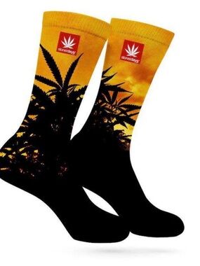 Stonerdays Yellow & Black Crew Socks with Leaf Graphic
